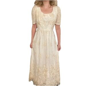 Handmade Vintage Wedding Ivory Gown With Sequins And Pearls On Antique Lace